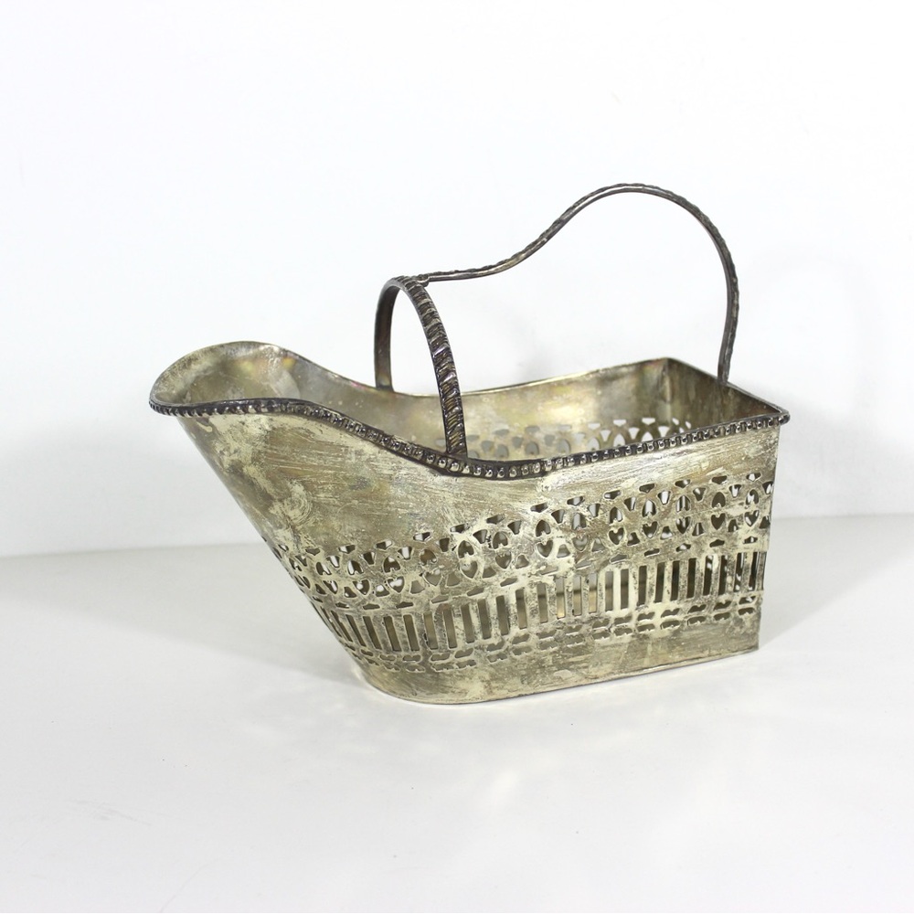 Vintage Silver Plate Wine Caddy Bottle Holder Pierced Carrying Basket, Carrier